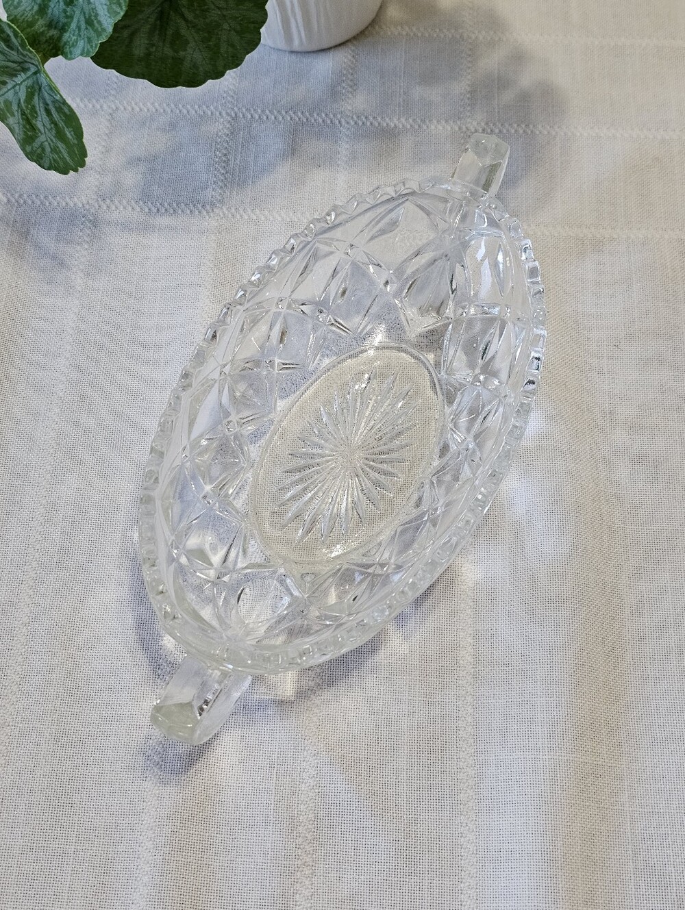 Vintage Clear Pressed Glass Oval Relish Dish Starburst Double Handle